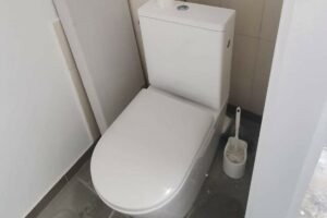Weiße Toilette mit weißem Klopinsel