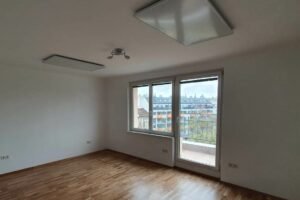 Moderne, leerstehende Wohnung mit weißen Wänden und neuem Holzboden